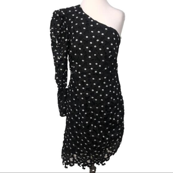Bardot One Shoulder Puff Sleeve Lace Dress In Black and Ivory 8 NWT - Picture 2 of 10